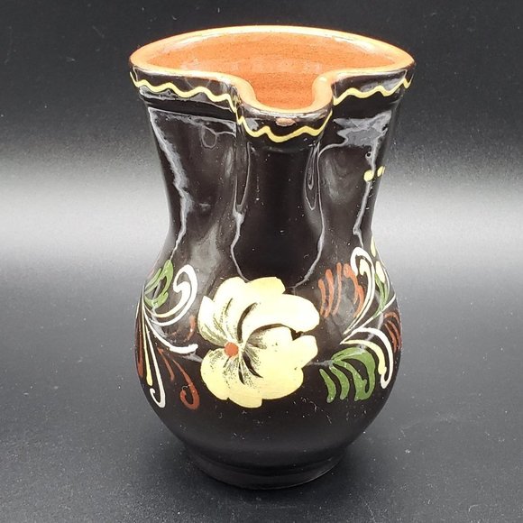 HUNGARIAN Redware Hand Painted Brown Floral Beige Green Glazed Handled Pitcher - Picture 5 of 11